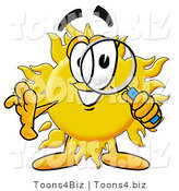 Illustration of a Cartoon Sun Mascot Looking Through a Magnifying Glass by Mascot Junction