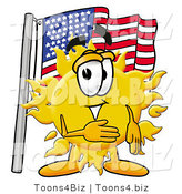 Illustration of a Cartoon Sun Mascot Pledging Allegiance to an American Flag by Mascot Junction