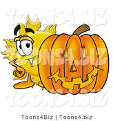 Illustration of a Cartoon Sun Mascot with a Carved Halloween Pumpkin by Mascot Junction