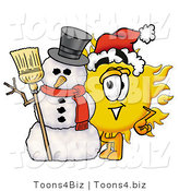 Illustration of a Cartoon Sun Mascot with a Snowman on Christmas by Toons4Biz
