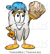 Illustration of a Cartoon Tooth Mascot Catching a Baseball with a Glove by Toons4Biz