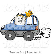 Illustration of a Cartoon Tooth Mascot Driving a Blue Car and Waving by Toons4Biz