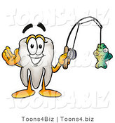 Illustration of a Cartoon Tooth Mascot Holding a Fish on a Fishing Pole by Mascot Junction