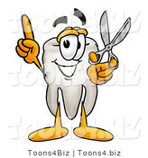 Illustration of a Cartoon Tooth Mascot Holding a Pair of Scissors by Mascot Junction