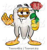 Illustration of a Cartoon Tooth Mascot Holding a Red Rose on Valentines Day by Mascot Junction