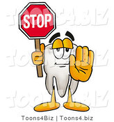 Illustration of a Cartoon Tooth Mascot Holding a Stop Sign by Mascot Junction