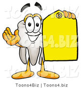Illustration of a Cartoon Tooth Mascot Holding a Yellow Sales Price Tag by Toons4Biz
