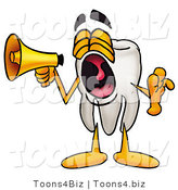 Illustration of a Cartoon Tooth Mascot Screaming into a Megaphone by Mascot Junction