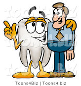 Illustration of a Cartoon Tooth Mascot Talking to a Business Man by Mascot Junction