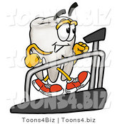 Illustration of a Cartoon Tooth Mascot Walking on a Treadmill in a Fitness Gym by Mascot Junction
