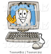 Illustration of a Cartoon Tooth Mascot Waving from Inside a Computer Screen by Mascot Junction