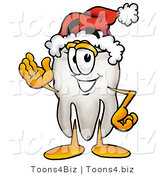 Illustration of a Cartoon Tooth Mascot Wearing a Santa Hat and Waving by Mascot Junction