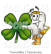 Illustration of a Cartoon Tooth Mascot with a Green Four Leaf Clover on St Paddy's or St Patricks Day by Mascot Junction