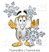 Illustration of a Cartoon Tooth Mascot with Three Snowflakes in Winter by Toons4Biz