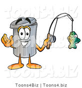 Illustration of a Cartoon Trash Can Mascot Holding a Fish on a Fishing Pole by Mascot Junction