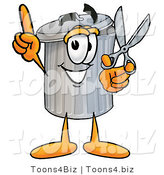 Illustration of a Cartoon Trash Can Mascot Holding a Pair of Scissors by Toons4Biz