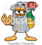 Illustration of a Cartoon Trash Can Mascot Holding a Red Rose on Valentines Day by Mascot Junction