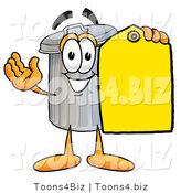 Illustration of a Cartoon Trash Can Mascot Holding a Yellow Sales Price Tag by Mascot Junction