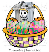 Illustration of a Cartoon Trash Can Mascot in an Easter Basket Full of Decorated Easter Eggs by Mascot Junction