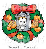 Illustration of a Cartoon Trash Can Mascot in the Center of a Christmas Wreath by Mascot Junction