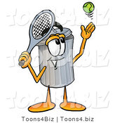 Illustration of a Cartoon Trash Can Mascot Preparing to Hit a Tennis Ball by Toons4Biz