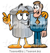 Illustration of a Cartoon Trash Can Mascot Talking to a Business Man by Mascot Junction