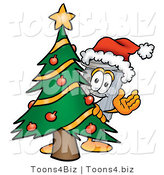 Illustration of a Cartoon Trash Can Mascot Waving and Standing by a Decorated Christmas Tree by Mascot Junction