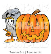 Illustration of a Cartoon Trash Can Mascot with a Carved Halloween Pumpkin by Mascot Junction