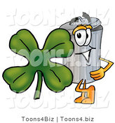 Illustration of a Cartoon Trash Can Mascot with a Green Four Leaf Clover on St Paddy's or St Patricks Day by Mascot Junction