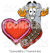 Illustration of a Cartoon Trash Can Mascot with an Open Box of Valentines Day Chocolate Candies by Toons4Biz