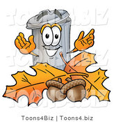 Illustration of a Cartoon Trash Can Mascot with Autumn Leaves and Acorns in the Fall by Toons4Biz