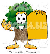 Illustration of a Cartoon Tree Mascot Holding a Yellow Sales Price Tag by Mascot Junction