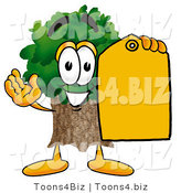 Illustration of a Cartoon Tree Mascot Holding a Yellow Sales Price Tag by Toons4Biz