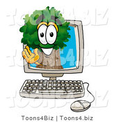 Illustration of a Cartoon Tree Mascot Waving from Inside a Computer Screen by Mascot Junction