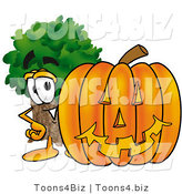 Illustration of a Cartoon Tree Mascot with a Carved Halloween Pumpkin by Mascot Junction
