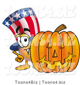 Illustration of a Cartoon Uncle Sam Mascot with a Carved Halloween Pumpkin by Mascot Junction