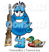 Illustration of a Cartoon Water Drop Mascot Duck Hunting, Standing with a Rifle and Duck by Mascot Junction