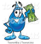 Illustration of a Cartoon Water Drop Mascot Holding a Dollar Bill by Mascot Junction