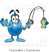 Illustration of a Cartoon Water Drop Mascot Holding a Fish on a Fishing Pole by Mascot Junction