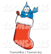 Illustration of a Cartoon Water Drop Mascot Inside a Red Christmas Stocking by Mascot Junction