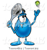 Illustration of a Cartoon Water Drop Mascot Preparing to Hit a Tennis Ball by Mascot Junction