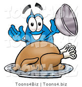 Illustration of a Cartoon Water Drop Mascot Serving a Thanksgiving Turkey on a Platter by Mascot Junction
