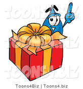 Illustration of a Cartoon Water Drop Mascot Standing by a Christmas Present by Mascot Junction