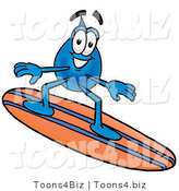 Illustration of a Cartoon Water Drop Mascot Surfing on a Blue and Orange Surfboard by Mascot Junction