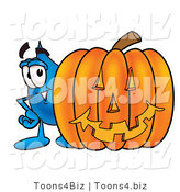 Illustration of a Cartoon Water Drop Mascot with a Carved Halloween Pumpkin by Mascot Junction