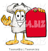 Illustration of a Chef Hat Mascot Holding a Red Sales Price Tag by Mascot Junction