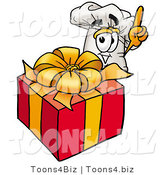 Illustration of a Chef Hat Mascot Standing by a Christmas Present by Mascot Junction