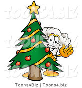 Illustration of a Chef Hat Mascot Waving and Standing by a Decorated Christmas Tree by Mascot Junction