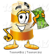 Illustration of a Construction Safety Barrel Mascot Holding a Dollar Bill by Toons4Biz