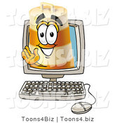 Illustration of a Construction Safety Barrel Mascot Waving from Inside a Computer Screen by Mascot Junction